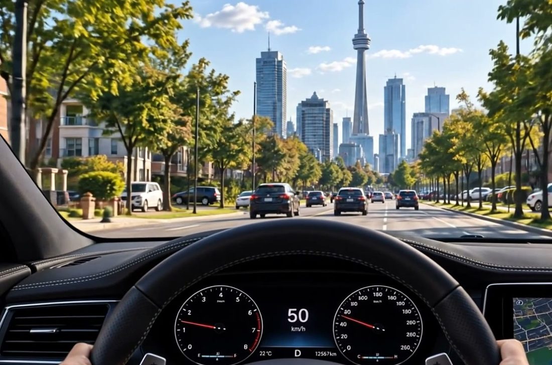 View from the driver's seat on a Toronto street with the CN Tower ahead