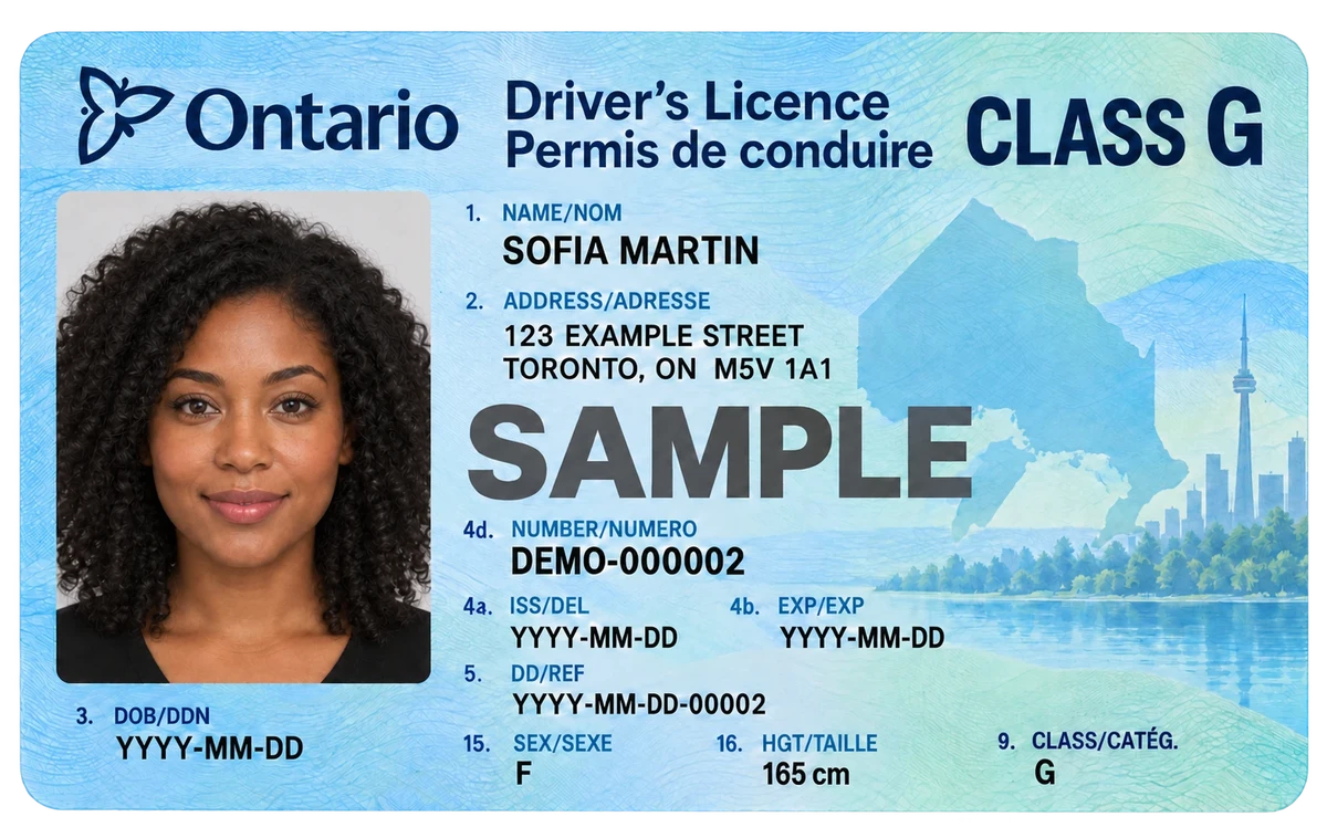 Sample Ontario driver’s licence card, class G