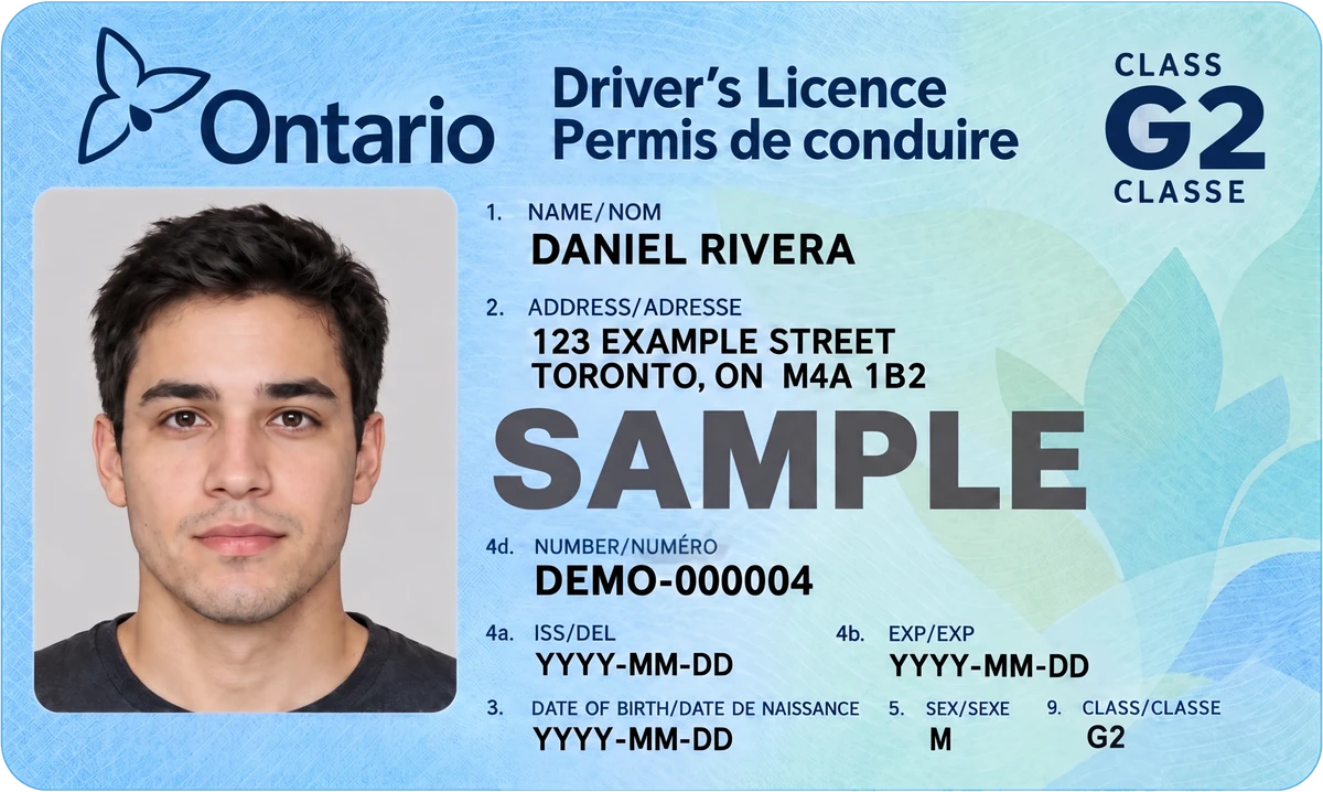 Sample Ontario driver’s licence card, class G2